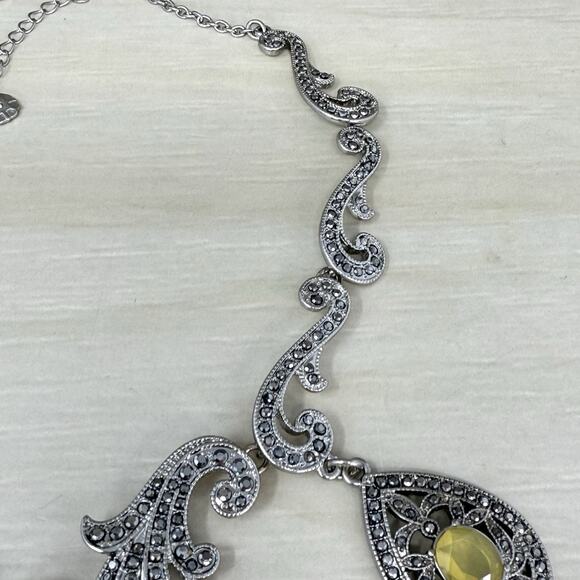 Vintage Monet Silver Tone Marcasite and Rhinestone Scroll Statement Necklace - Picture 8 of 10